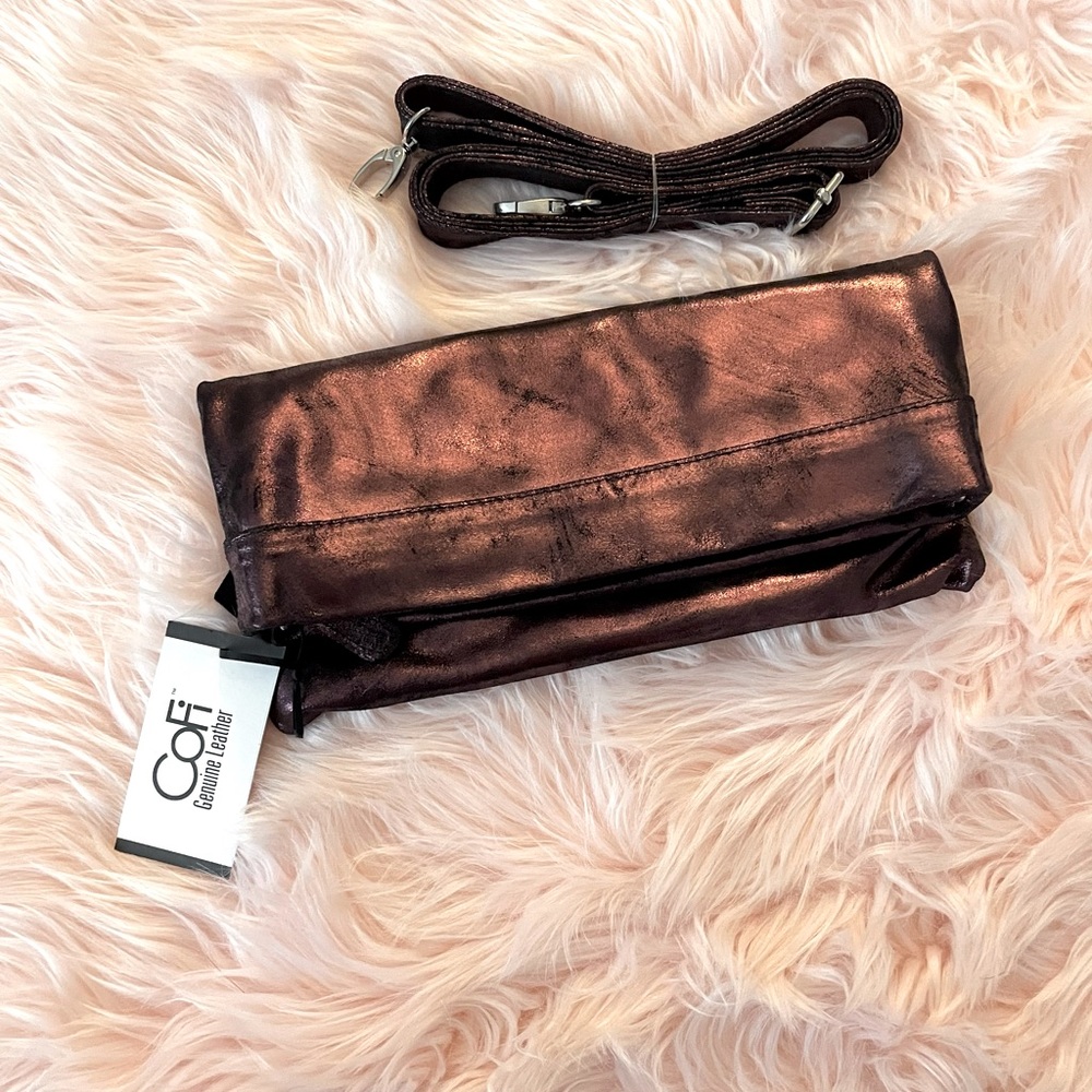Rose undertone metallic leather clutch & crossbody